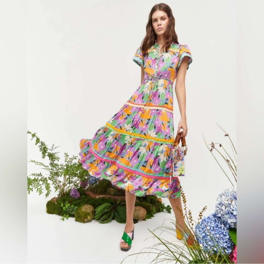 CeliaB Multicolor Floral Tiered Midi Dress - Pink, Yellow, Green, Purple
